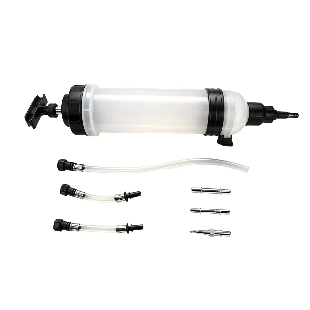 Seringa de 1,5 L para extração e enchimento de óleo e fluidos 2 VT13845C Bomba de transferência com seringa de extração para enchimento e esvaziamento de óleo e outros fluidos de 1,5 L, com adaptadores para o enchimento e esvaziamento de fluidos automóveis.