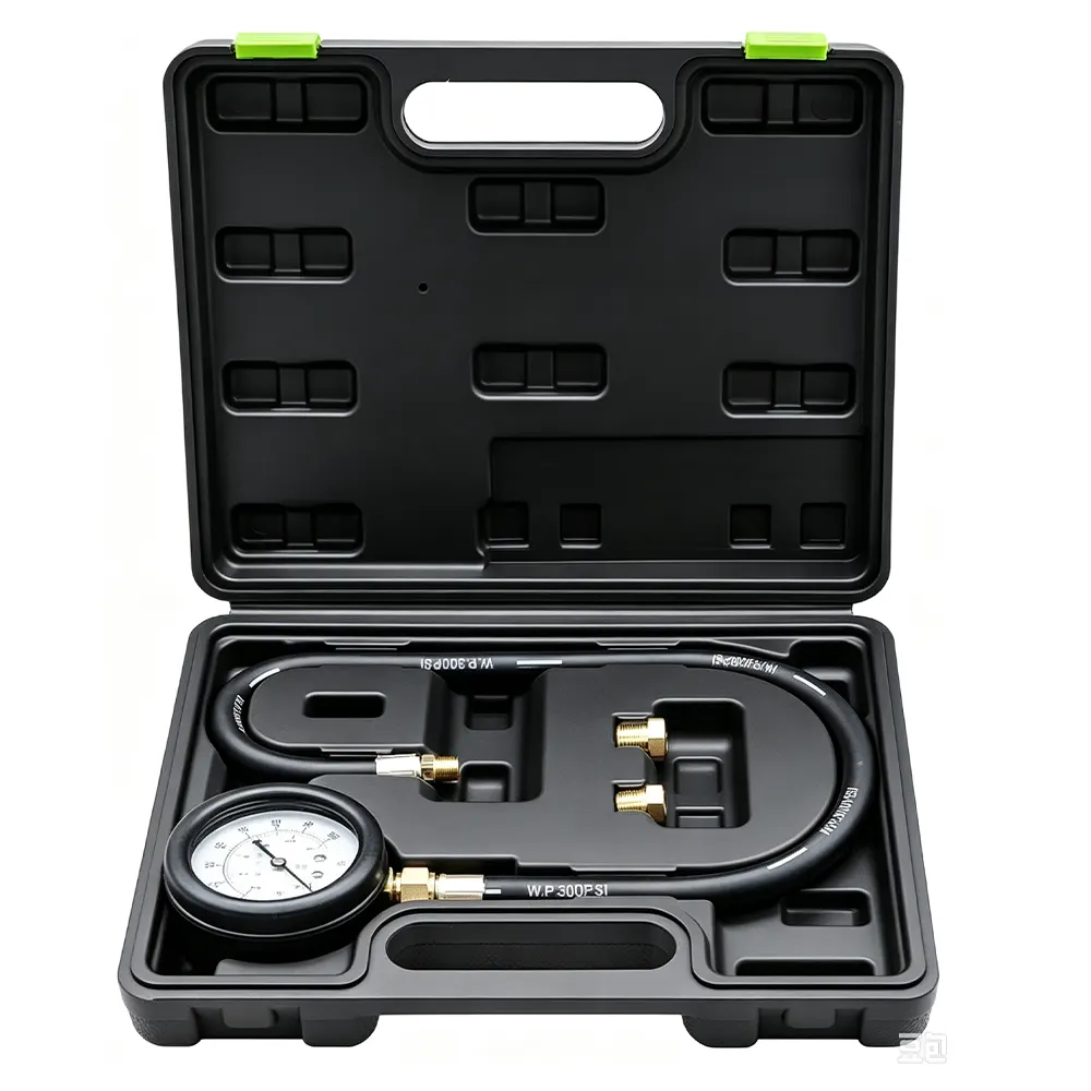 TU-12 0–100 PSIEngine Oil Pressure Tester Kit 5 VT13954 TU-12 0-100 PSI engine oil pressure tester kit with pressure gauge, flexible hose and adapters for checking automotive engine lubrication system pressure.