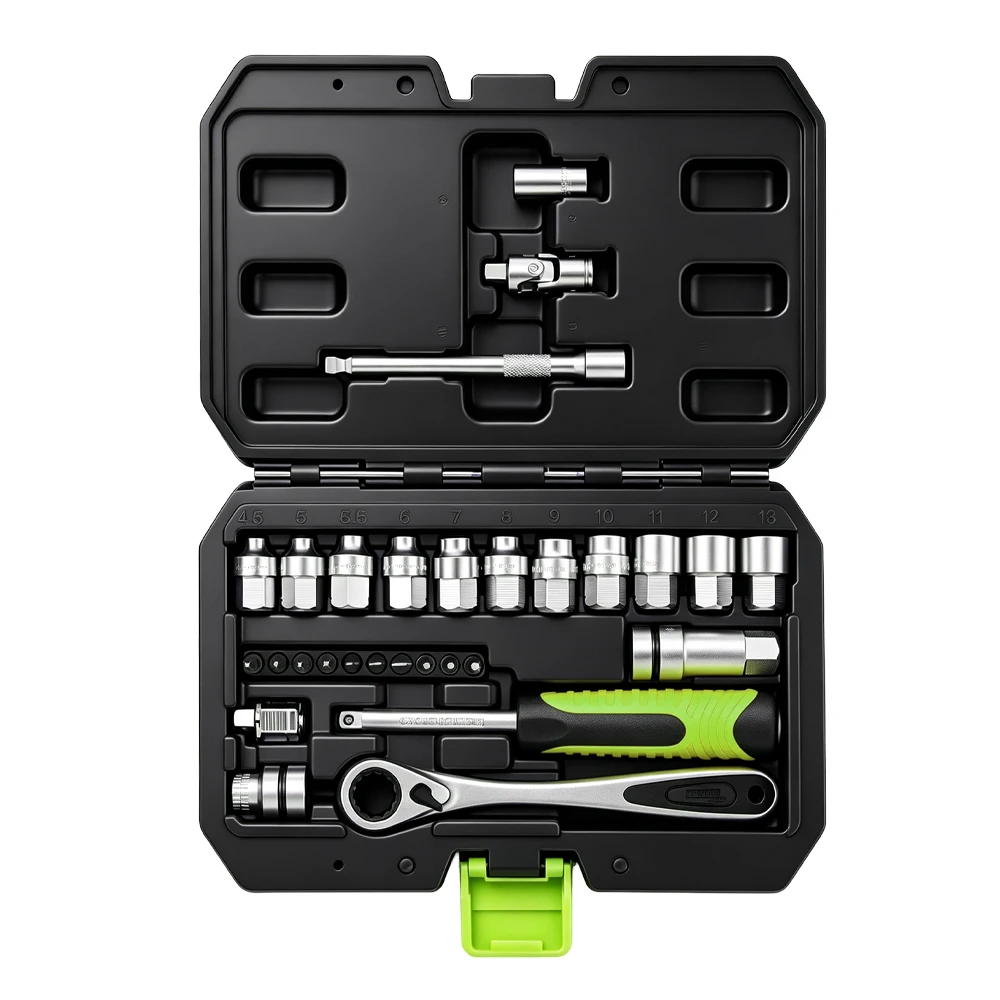 29PC 1/4in Drive Go-Through Ratchet and Socket Set 3 VT13958 29PC 1/4 inch drive go-through socket and ratchet tool set