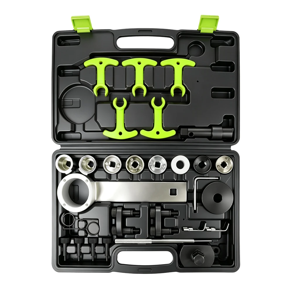 18-teiliges VAG 1.8 2.0 FSI TSI TFSI Motor-Einstellwerkzeug-Set 6 VT13993C VAG 1,8 l und 2,0 l TSI/TFSI-Werkzeugsatz zum Wechseln der Steuerkette für die Einstellung der Motor-Steuerzeiten, die Arretierung der Nockenwelle und die Positionierung der Kurbelwelle.