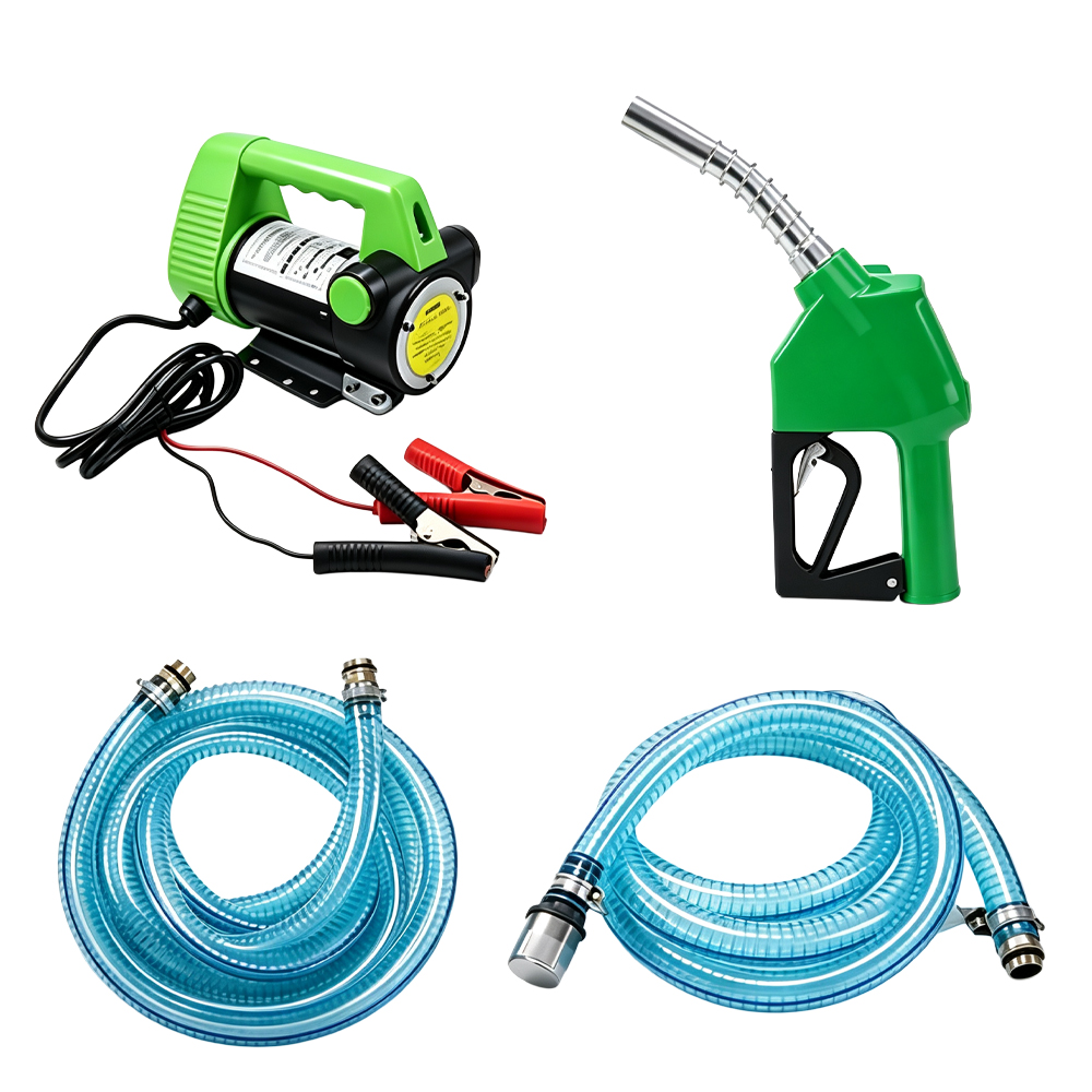 Tragbares elektrisches Diesel-Umpump-Set mit automatischer Zapfpistole 7 VT14141E 12-V-Set mit elektrischer automatischer Kraftstoffumfüllpumpe, inklusive Saugschlauch, Druckleitung und automatischer Kraftstoffdüse.