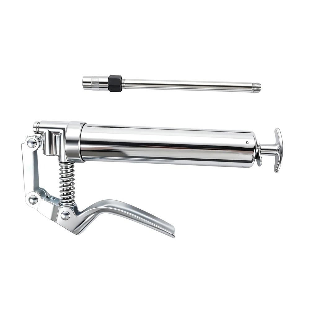 120cc Mini Grease Gun with 4-Jaw Coupler 4 VT14167 120cc mini hand grease gun with rigid extension for lubricating automotive bearings, joints and mechanical components.