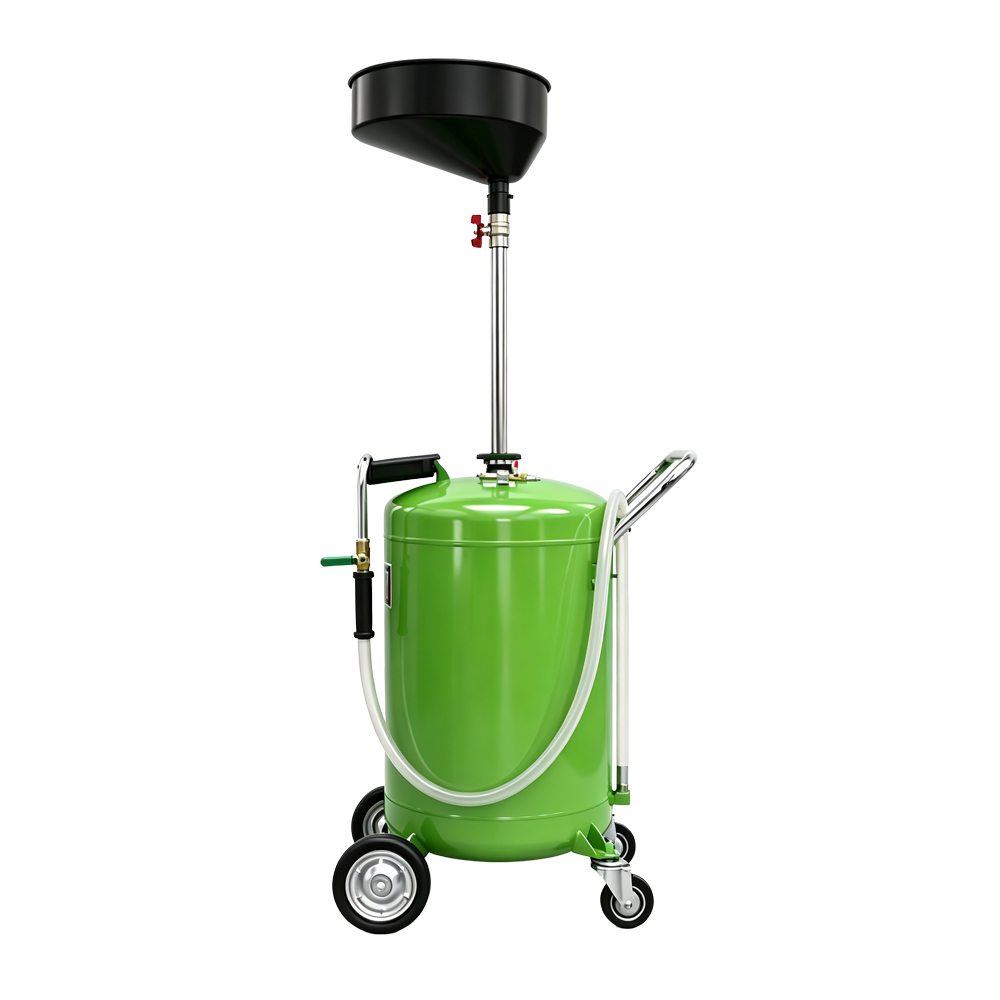 Vidangeur d'huile mobile à évacuation d'air de 110 L 4 VT17122C : vidangeur d'huile mobile à évacuation d'air de 110 L, équipé d'un entonnoir de collecte, d'un réservoir sur roulettes et d'un tuyau de vidange d'huile, destiné à une utilisation professionnelle en atelier.