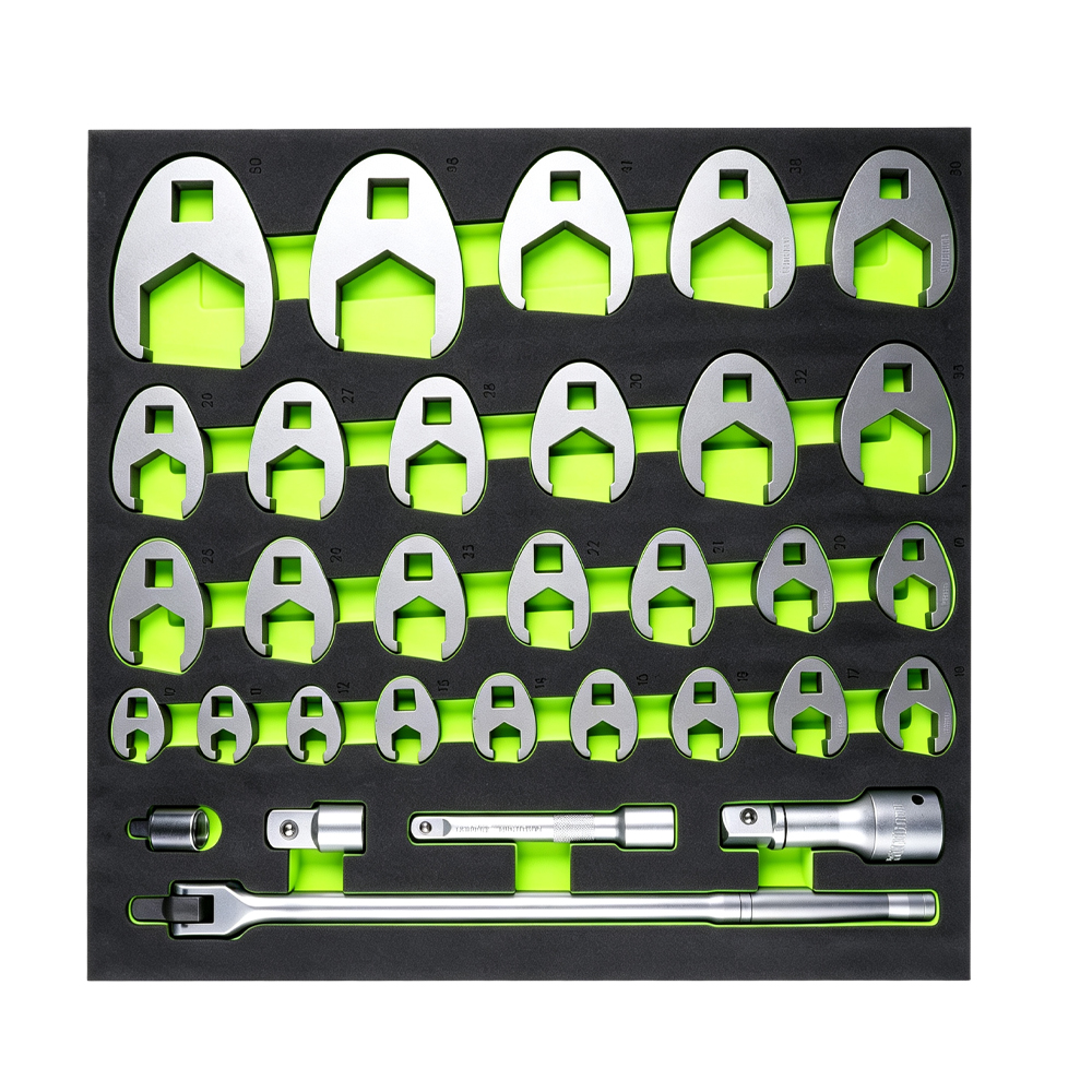 32PC 3/8in, 1/2in & 3/4in Drive Crowfoot Flare Nut Wrench Set 2 VT17398 32PC crowfoot wrench set with 3/8 inch 1/2 inch and 3/4 inch drive tools in foam tray