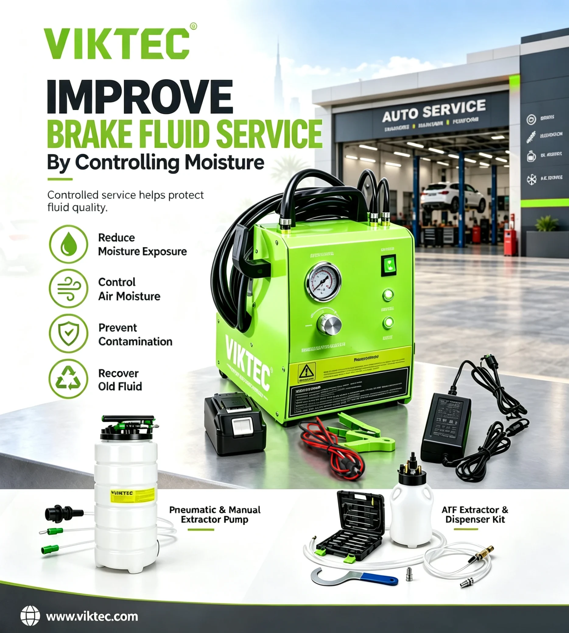 VT17465 automotive brake fluid bleeder with fluid extraction accessories for controlled brake fluid replacement, moisture reduction and professional workshop brake service.