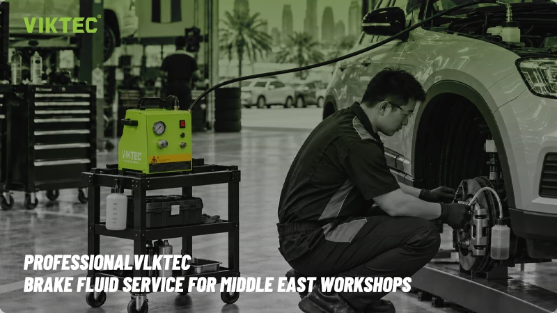 VT17465 automotive brake fluid bleeder machine used by a technician for professional brake fluid replacement and brake system service in a Middle East workshop.