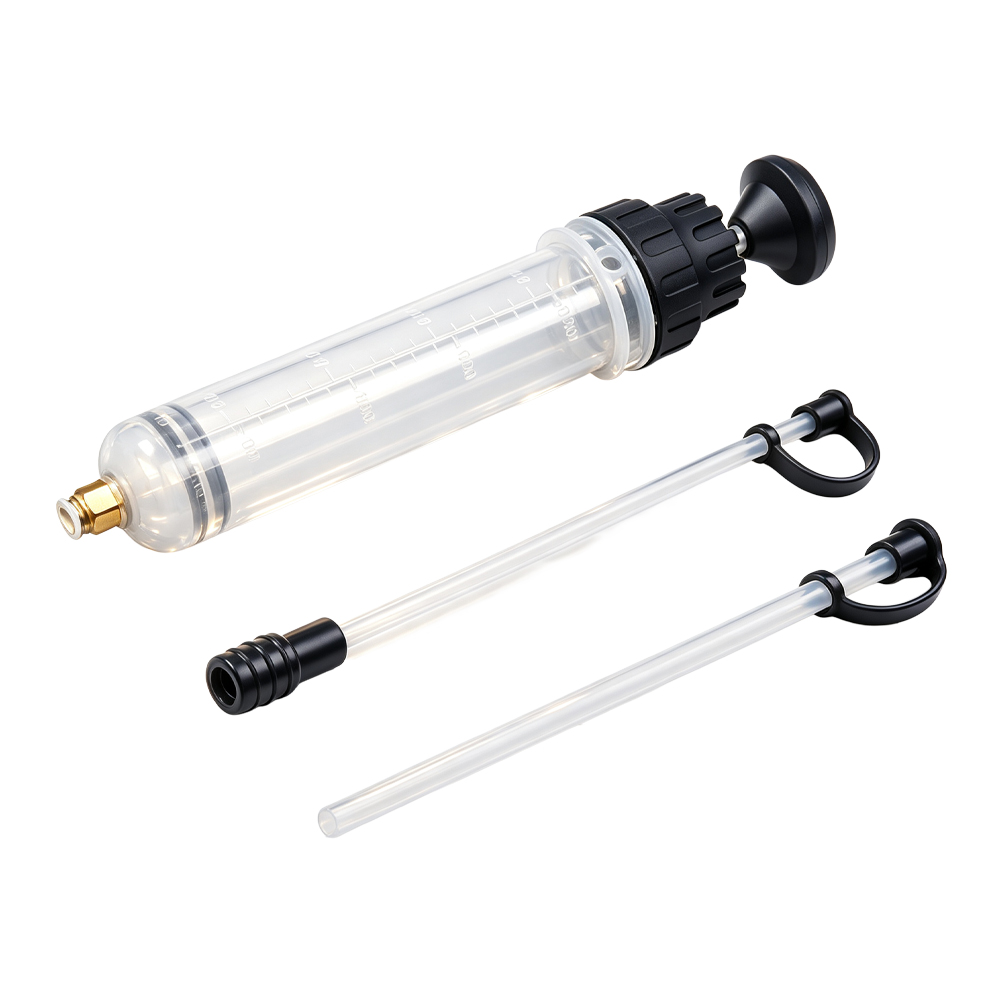 200cc Manual Fluid Extractor Syringe Pump 4 VT18077 200CC oil fluid extractor syringe pump with extension tubes for manual suction and automotive fluid transfer.