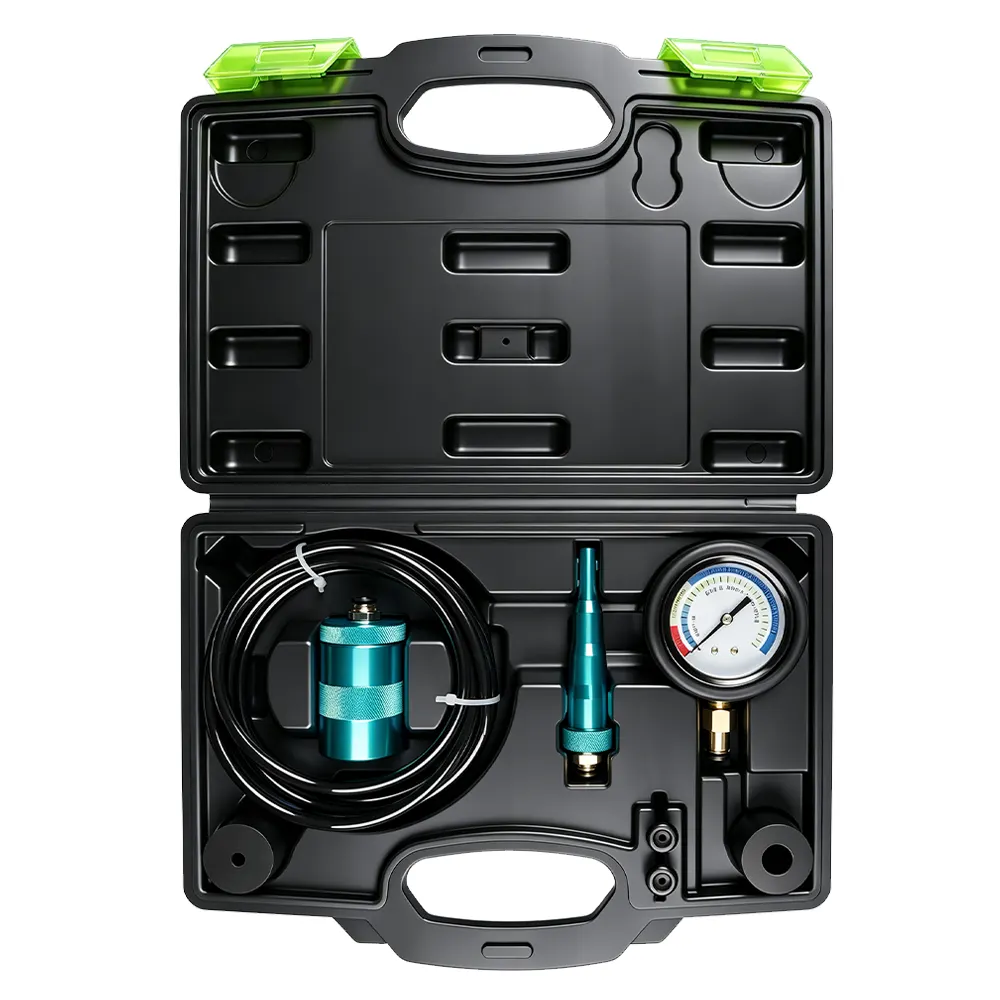 Kit de 8 peças para teste de bombas de água 1 VT18182 Kit de teste de bomba de água de 8 peças para diagnosticar o fluxo do líquido de arrefecimento e o funcionamento da bomba de água no sistema de arrefecimento automóvel, com adaptadores para mangueiras de borracha e tubos rígidos.