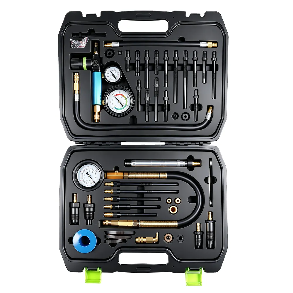 Kit de 46 piezas para pruebas de compresión y fugas 5 VT18343: kit completo de 46 piezas para comprobar la compresión y las fugas en motores de gasolina y diésel, destinado a medir la compresión y las fugas en los cilindros de motores HDi, TDCi, PD y otros motores de gasolina y diésel.