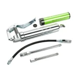 Kit de pompe à graisse VT18527C 120 cc à poignée pistolet, comprenant une cartouche de graisse, un tuyau flexible et des rallonges rigides, destiné à la lubrification automobile.