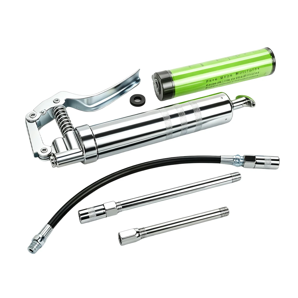 Kit de pistolet à graisse « Mini Pistol Grip » de 120 cm³ avec 5 cartouches de graisse Kit de pompe à graisse VT18527C 120 cc à poignée pistolet, comprenant une cartouche de graisse, un tuyau flexible et des rallonges rigides, destiné à la lubrification automobile.