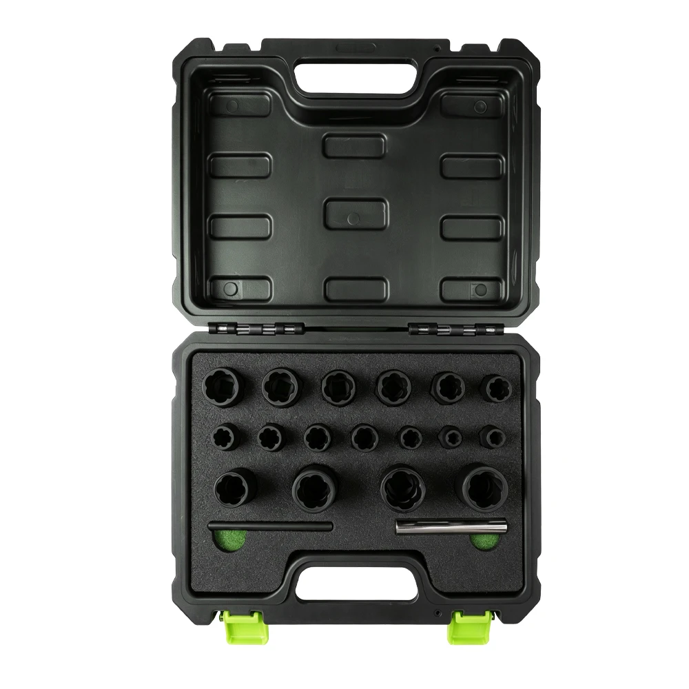 19PC Damaged Bolt & Nut Extractor Socket Set 5 VT18991B 19PC 3/8 and 1/2 inch drive twist socket set for damaged and rounded fasteners