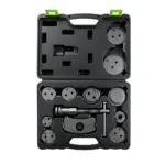 VT01025A: juego de herramientas de 12 piezas para el reajuste de pistones de freno, con perno de empuje, placa de reacción y varios adaptadores para el mantenimiento de pinzas de freno de disco.