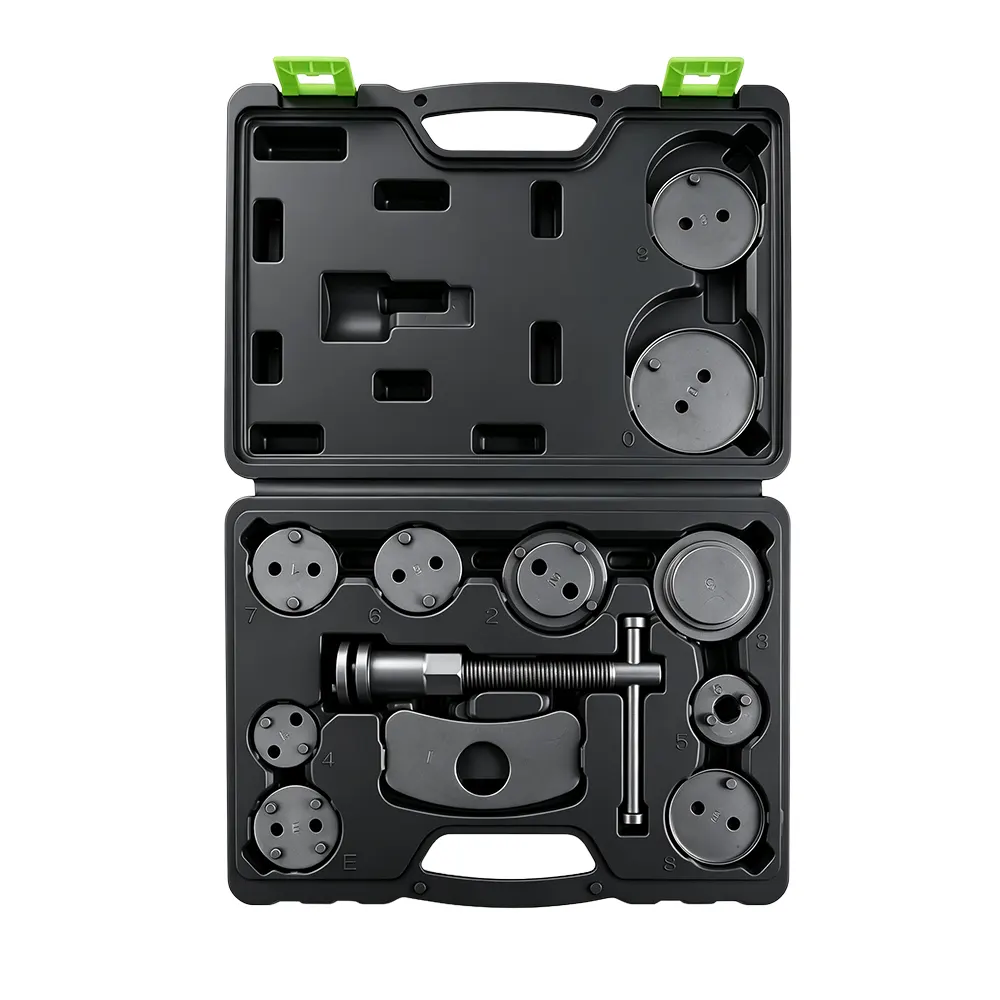 Juego de 12 piezas para rebobinar pistones de pinza de freno 1 VT01025A: juego de herramientas de 12 piezas para el reajuste de pistones de freno, con perno de empuje, placa de reacción y varios adaptadores para el mantenimiento de pinzas de freno de disco.