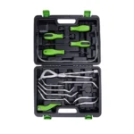 VT01029F: Juego de herramientas para el mantenimiento de frenos de automóviles, que incluye diversas herramientas para muelles de freno, herramientas de ajuste, alicates y herramientas especiales de mantenimiento, todo ello en un maletín de transporte negro.