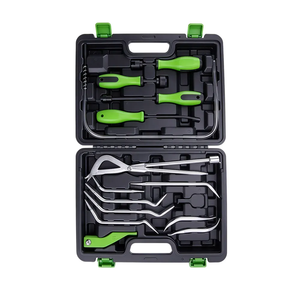 14PC Professional Drum Brake Service Tool Kit 3 VT01029F Automotive brake service tool kit with assorted brake spring tools, adjustment tools, pliers and specialty service tools in a black carrying case.