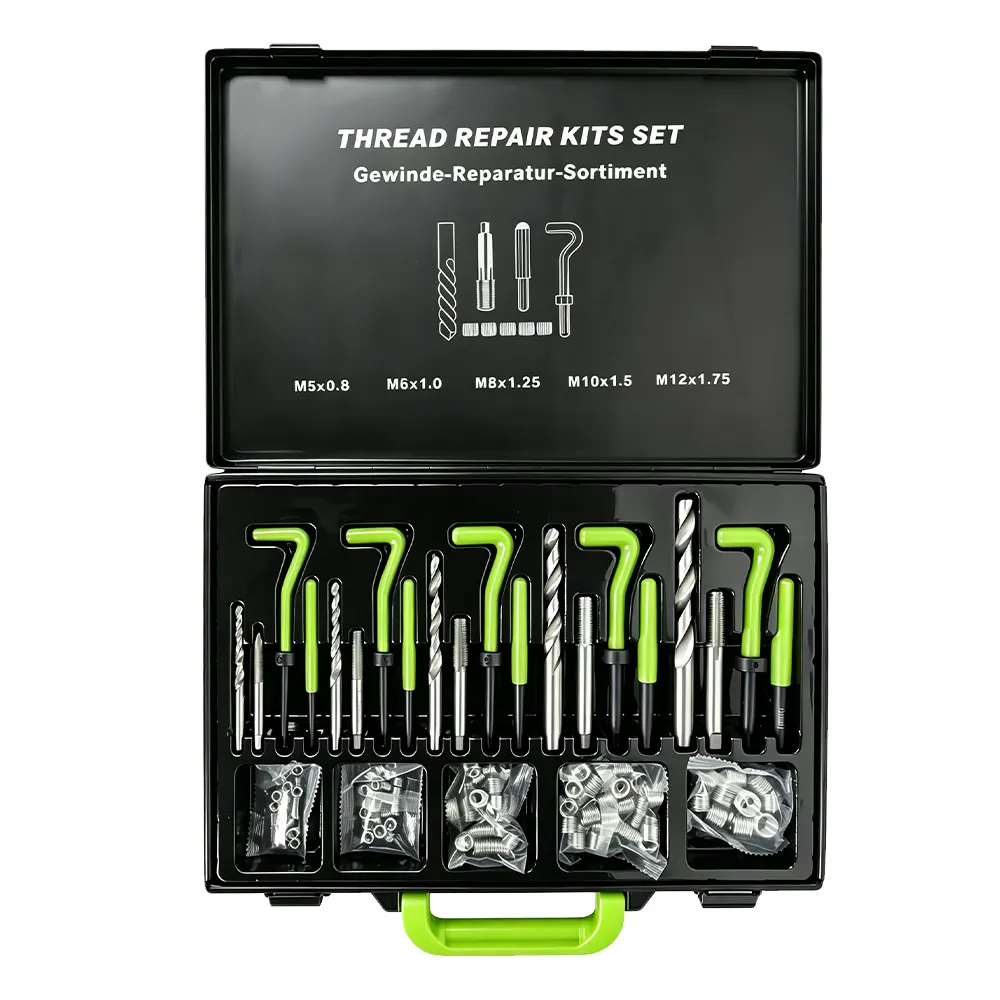 Kit de reparación de insertos roscados de varios tamaños, 131 piezas, n.º 5 VT01078B: kit de reparación de roscas de 131 piezas para roscas M5, M6, M8, M10 y M12, con brocas, machos de roscar, herramientas de instalación e insertos roscados.