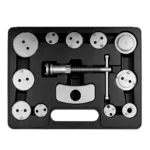 VT01193 13PC brake piston push wind back kit with multiple adapters for push-back and wind-back brake caliper piston service.