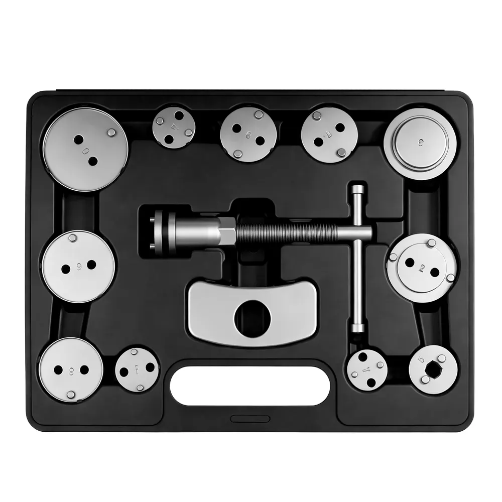 13PC Universal Brake Piston Push And Wind-Back Set 6 VT01193 13PC brake piston push wind back kit with multiple adapters for push-back and wind-back brake caliper piston service.