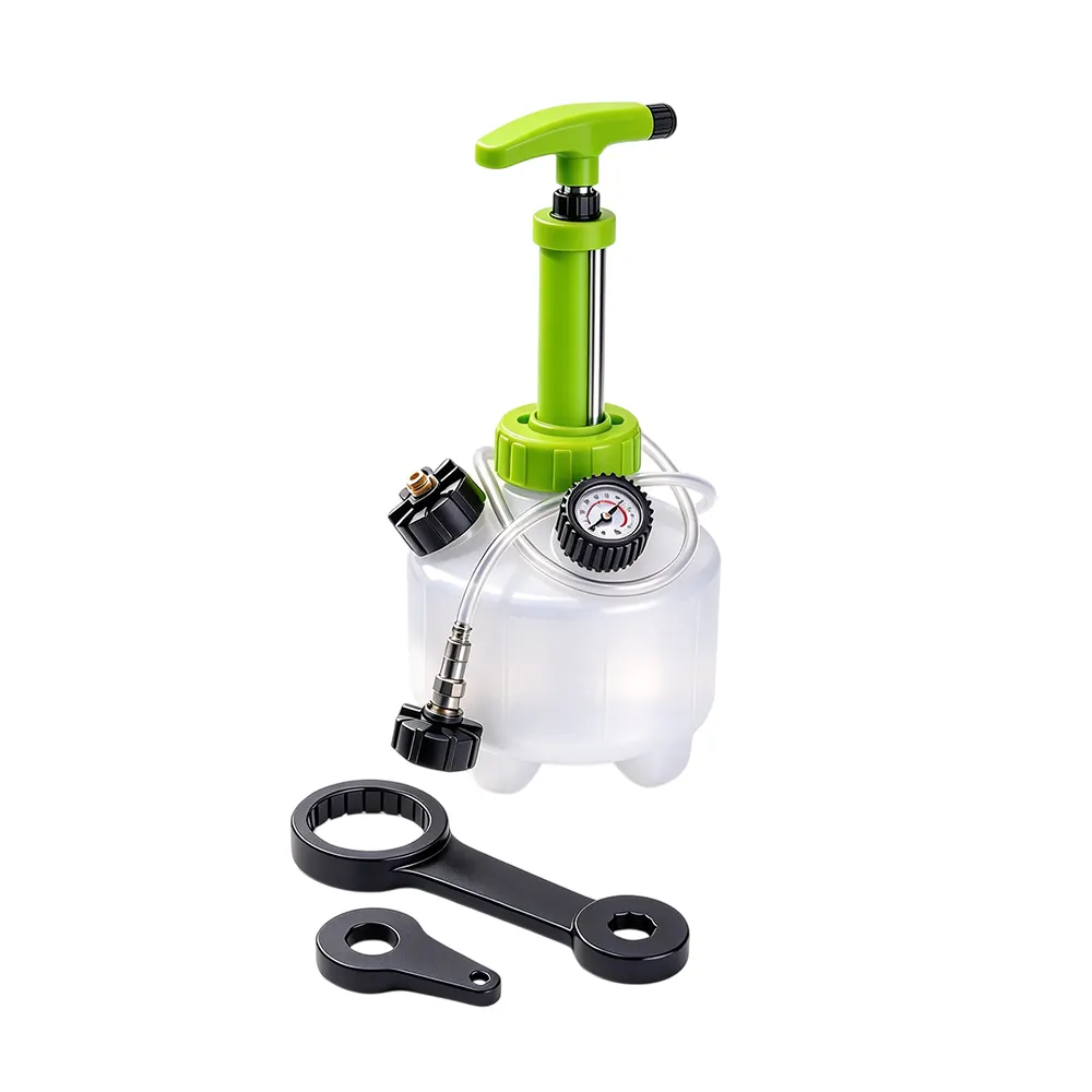 2,5-Liter-Handpumpe zum Entlüften des Bremsflüssigkeitsdrucks 5 VT01294E5 Manuelles Bremsflüssigkeits-Entlüftungsset mit handbetätigter Druckpumpe, Manometer, transparentem Flüssigkeitsbehälter, Schlauch und Adaptern für die Entlüftung von Kfz-Bremsanlagen.