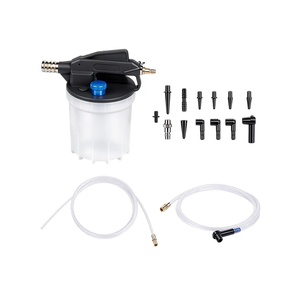 2-Liter-Set zum pneumatischen Entlüften von Bremsen und Absaugen von Bremsflüssigkeit 3 VT01294R1 Pneumatisches Entlüftungs- und Absaugset für Bremsflüssigkeit mit Auffangbehälter, luftbetriebenem Griff, Schläuchen und verschiedenen Adaptern für die Wartung von Fahrzeugflüssigkeiten.