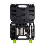 VT01318 18PC alternator freewheel pulley removal set with specialty sockets and bits for servicing alternator overrunning pulleys.