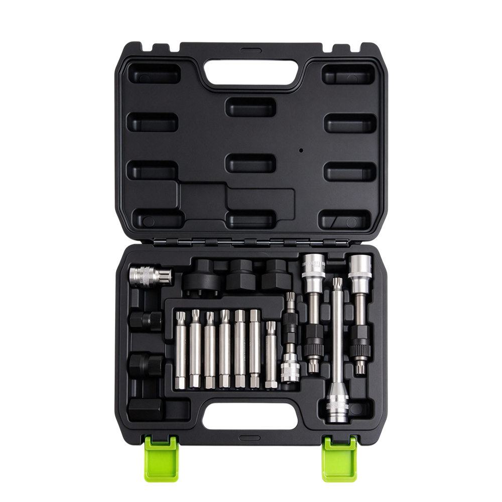 18PC Alternator Overrunning Pulley Service Kit 6 VT01318 18PC alternator freewheel pulley removal set with specialty sockets and bits for servicing alternator overrunning pulleys.