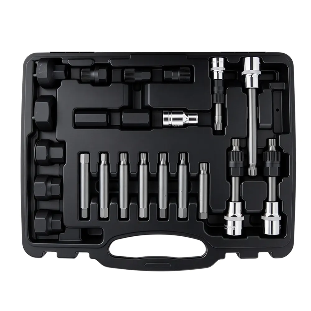 22PC Alternator Freewheel Pulley Tool Set 1 VT01404 22PC alternator pulley tool and repair kit for removing and installing freewheel, overrunning and alternator pulley components.
