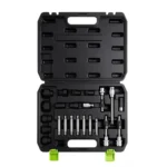 VT01404A : kit d'outils et de réparation de 24 pièces pour poulie d'alternateur, destiné au démontage et au montage des composants de la poulie à roue libre et de la poulie de dépassement de l'alternateur.