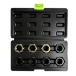 VT01406 : kit de 8 pièces pour le refiletage des axes de roue, destiné à la remise en état des filetages endommagés des axes de roue dans le cadre de l'entretien des roues et des moyeux automobiles.