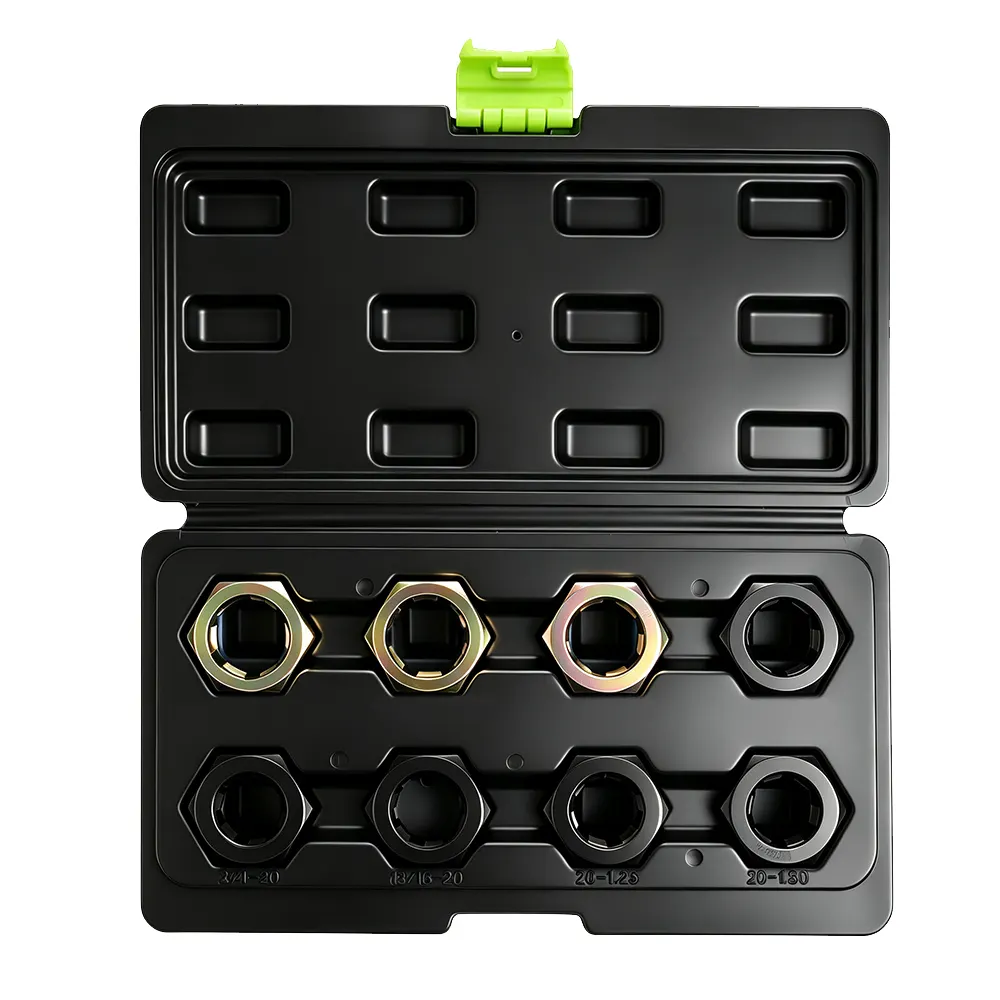 Lot de 8 pièces : kit de restauration des filetages d'essieux 5 VT01406 : kit de 8 pièces pour le refiletage des axes de roue, destiné à la remise en état des filetages endommagés des axes de roue dans le cadre de l'entretien des roues et des moyeux automobiles.