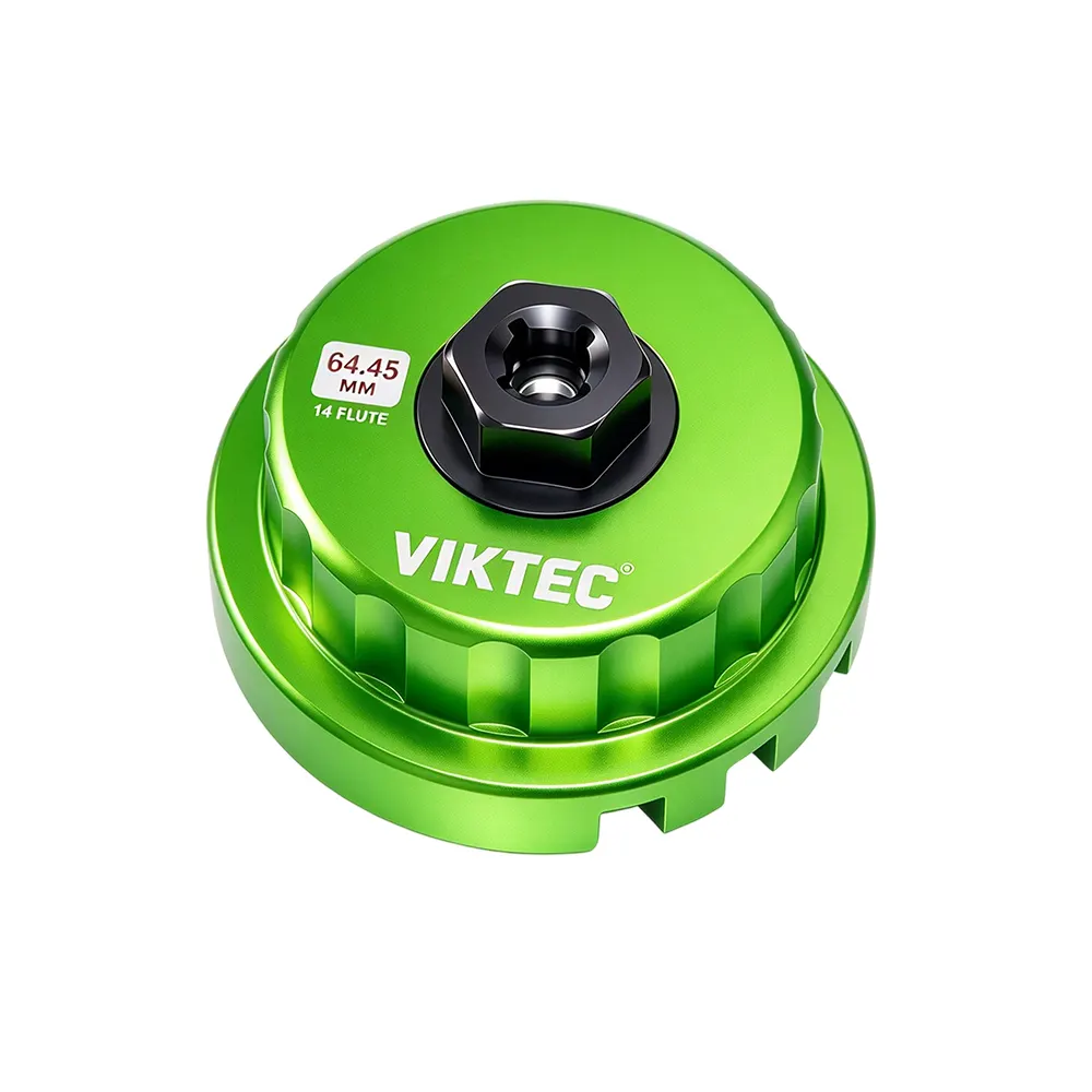 VT01494D 64,45 mm 14-zahniger Ölfilterschlüssel mit grünem Metallgehäuse und Sechskantantrieb zum Aus- und Einbau kompatibler Ölfiltergehäuse.