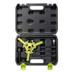 VT01597F 6PC crankshaft torsional vibration damper puller kit with three-claw puller and adapters for removing compatible crankshaft pulleys and dampers.