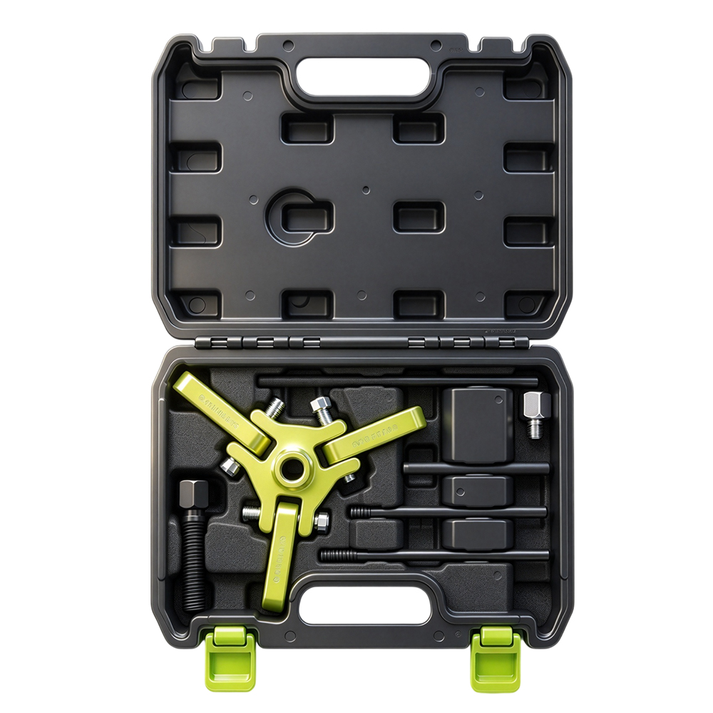 3-Jaw Harmonic Balancer Pulley Puller Kit 4 VT01597F 6PC crankshaft torsional vibration damper puller kit with three-claw puller and adapters for removing compatible crankshaft pulleys and dampers.