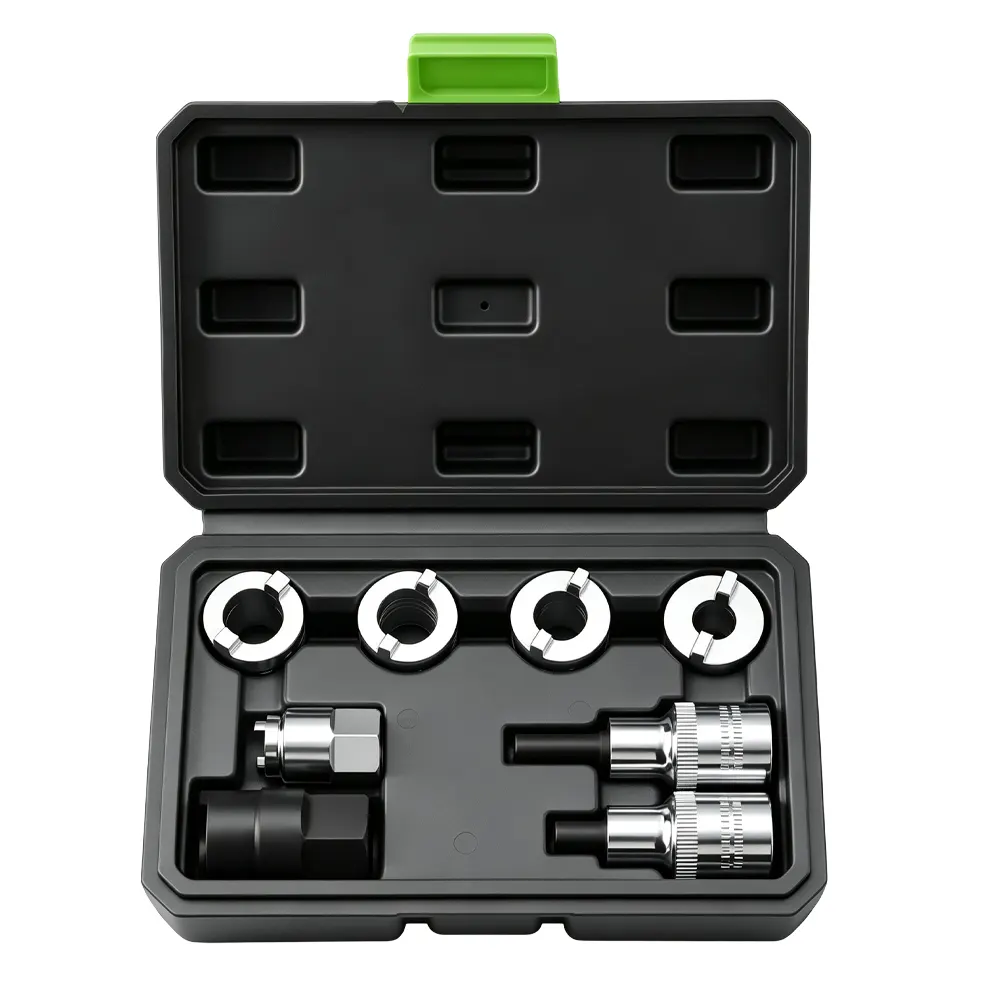 8PC Shock Absorber Sleeve And Strut Separator Set 2 VT01621D 8PC brake caliper special socket set with multiple slotted sockets and service bits for professional brake caliper repair.