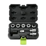 VT01621E 8PC brake caliper socket and bit tool set for servicing different brake caliper fasteners on automotive braking systems.