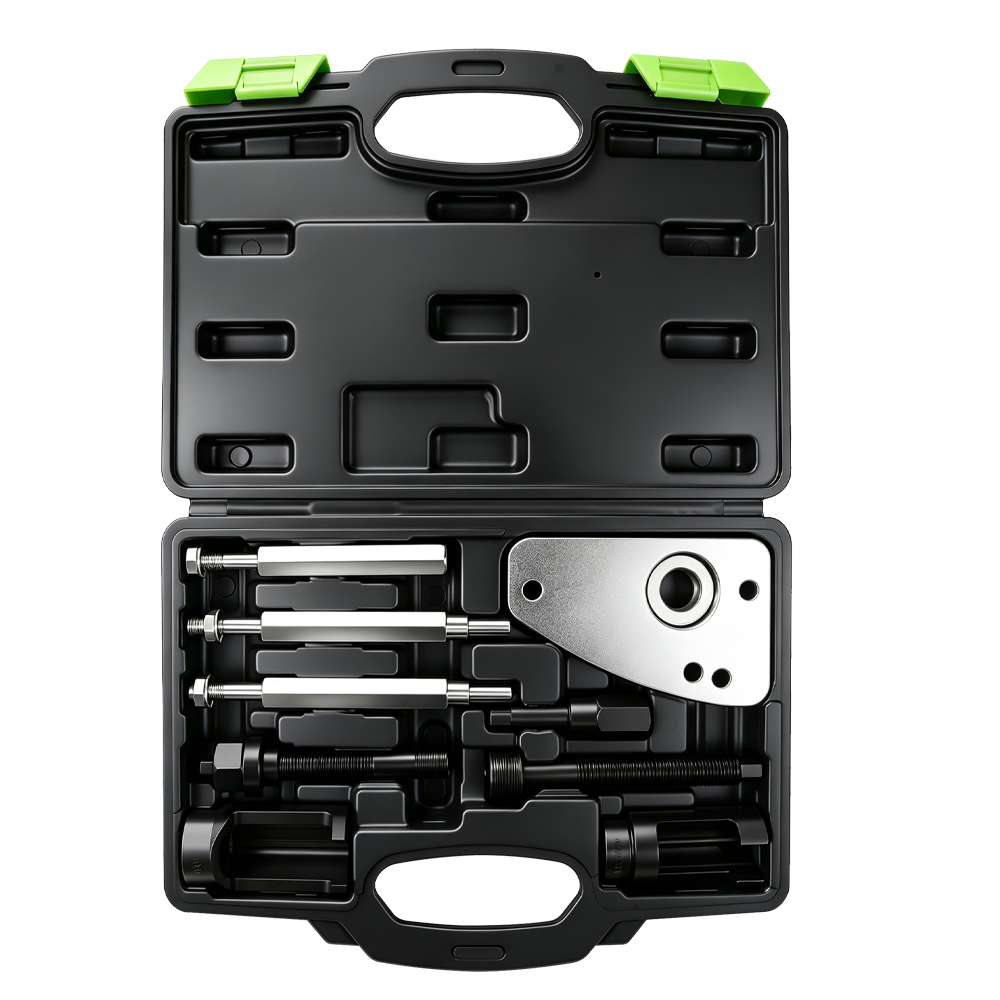 VT01732 Universal puller and removal tool kit with threaded forcing screws, support plate and adapters for automotive component removal.