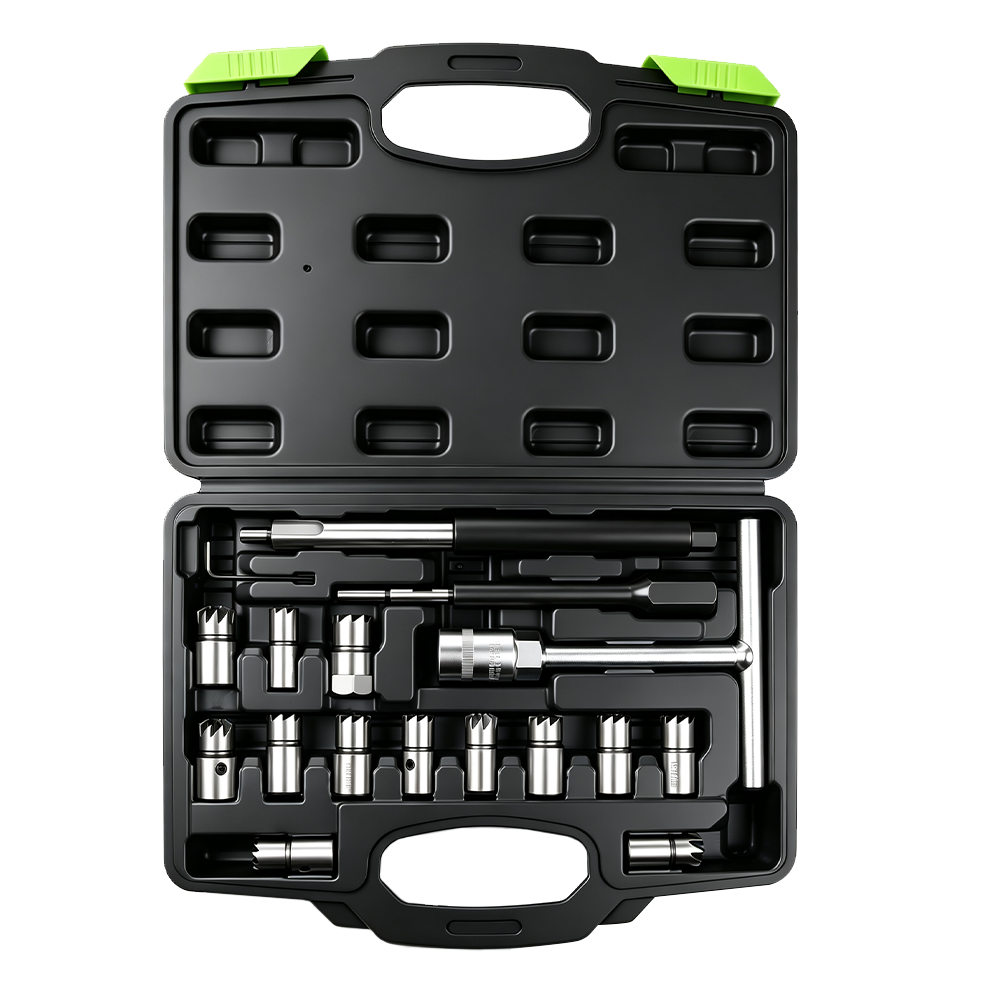 VT01765 Diesel injector seat cleaning and reaming kit with multiple cutter heads, extension tools and accessories for injector seat maintenance.