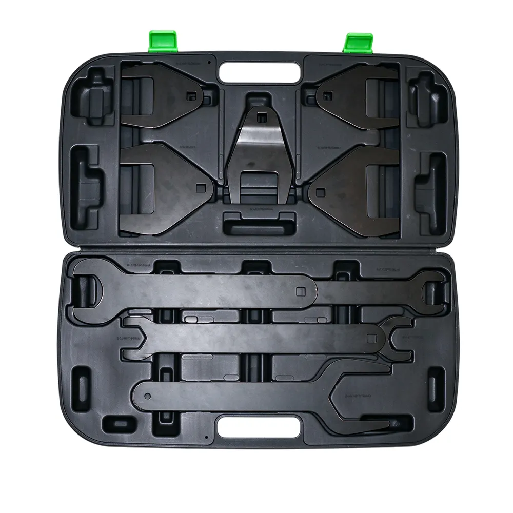 Conjunto de 10 chaves para remoção e instalação da embraiagem do ventilador 1 VT01775 Conjunto de chaves de fixação para embraiagem do ventilador, com várias placas de fixação e chaves de boca aberta, para manutenção da embraiagem do ventilador de refrigeração automóvel.