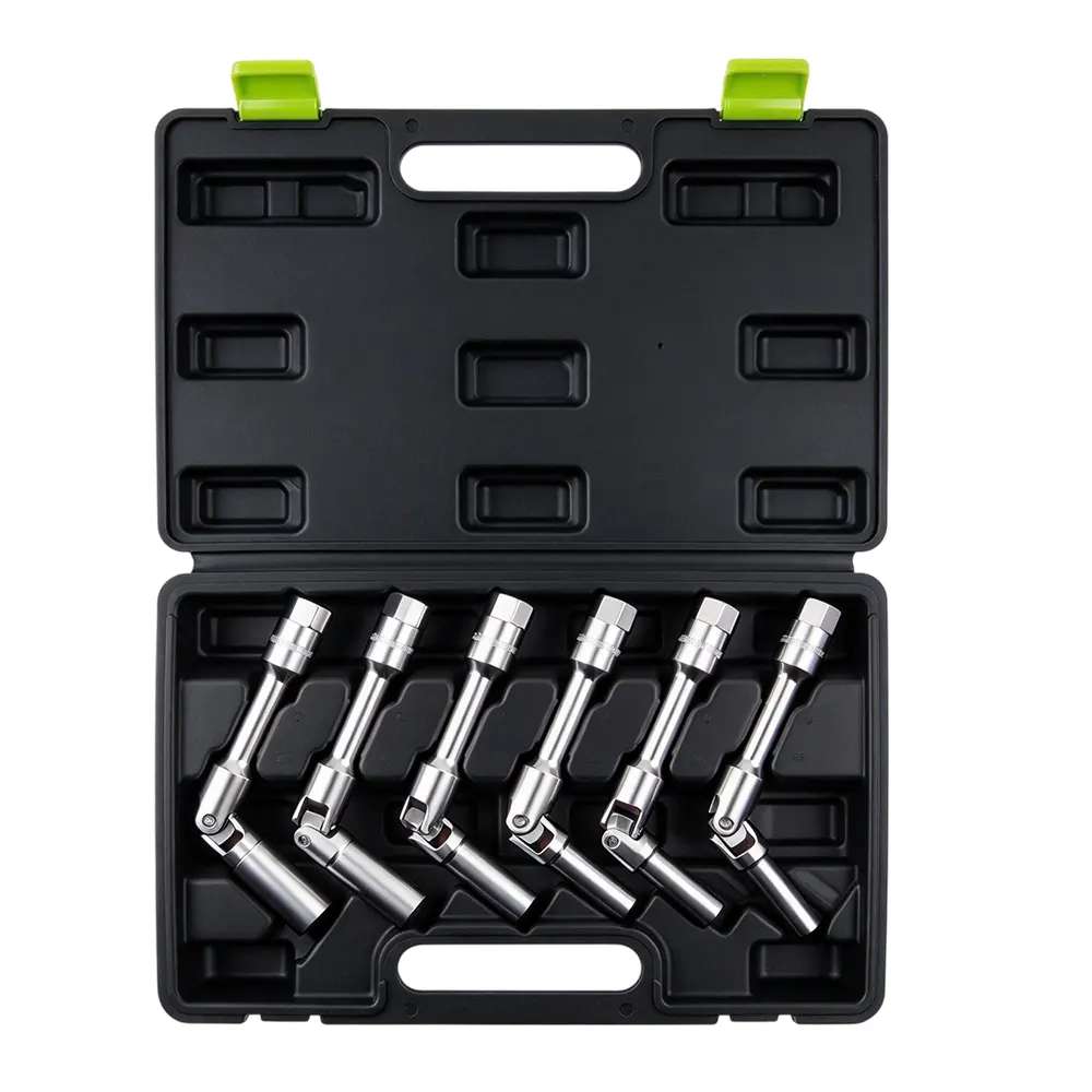 Jeu de 6 douilles extra-longues pour bougies de préchauffage, 8–16 mm, 5 pièces VT01793 : jeu de 6 douilles universelles pour bougies d'allumage, dotées de têtes articulées et de tiges allongées, destinées au démontage et à la pose des bougies d'allumage.
