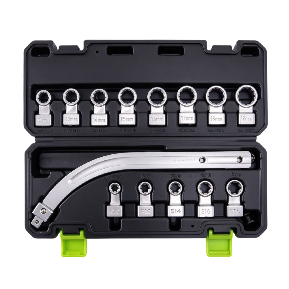 15PC Short Interlocking Belt Tensioner Wrench Kit 9 VT01850D 14PC universal belt tensioner wrench set with interchangeable 12-point and E-Torx heads for auxiliary belt and tensioner service.