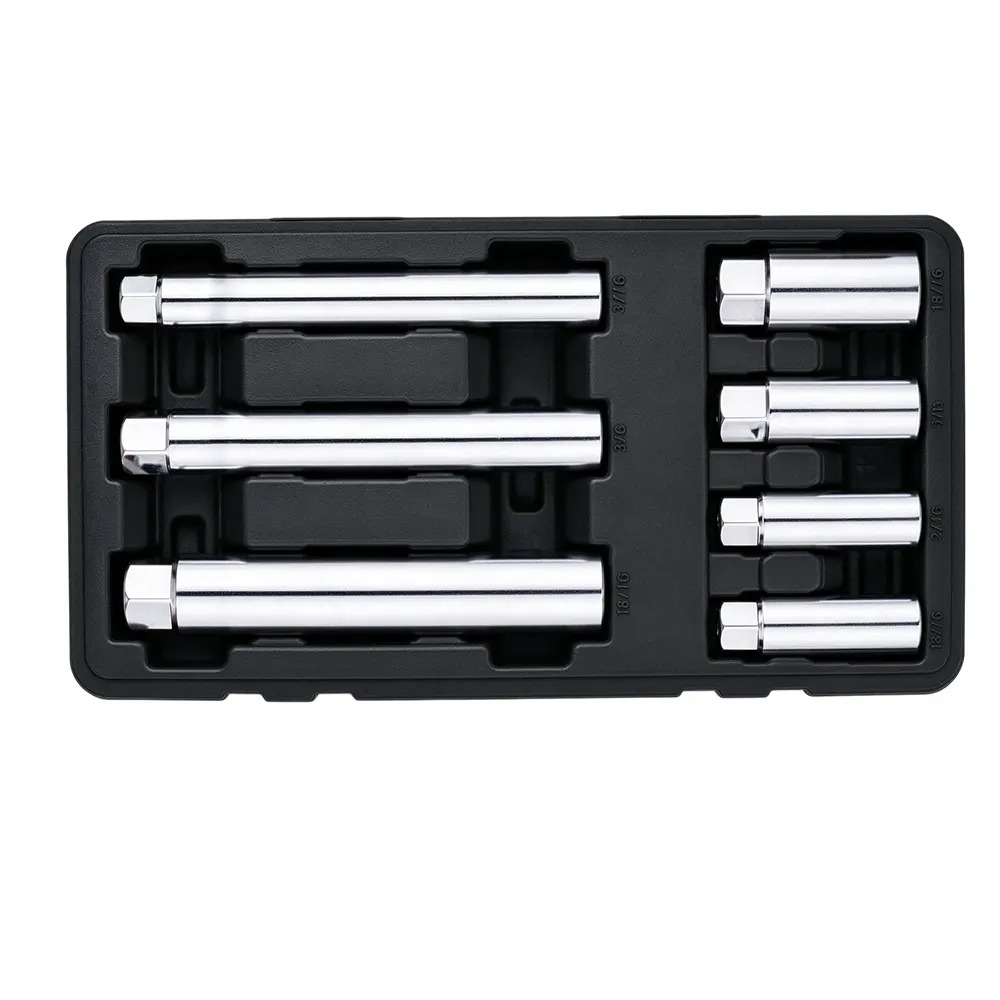 Juego de 7 llaves de bujías de 3/8 pulgadas, n.º 5 VT01923: Juego de 7 llaves de bujías de 3/8 pulgadas con llaves alargadas para la extracción e instalación de bujías de automóviles.