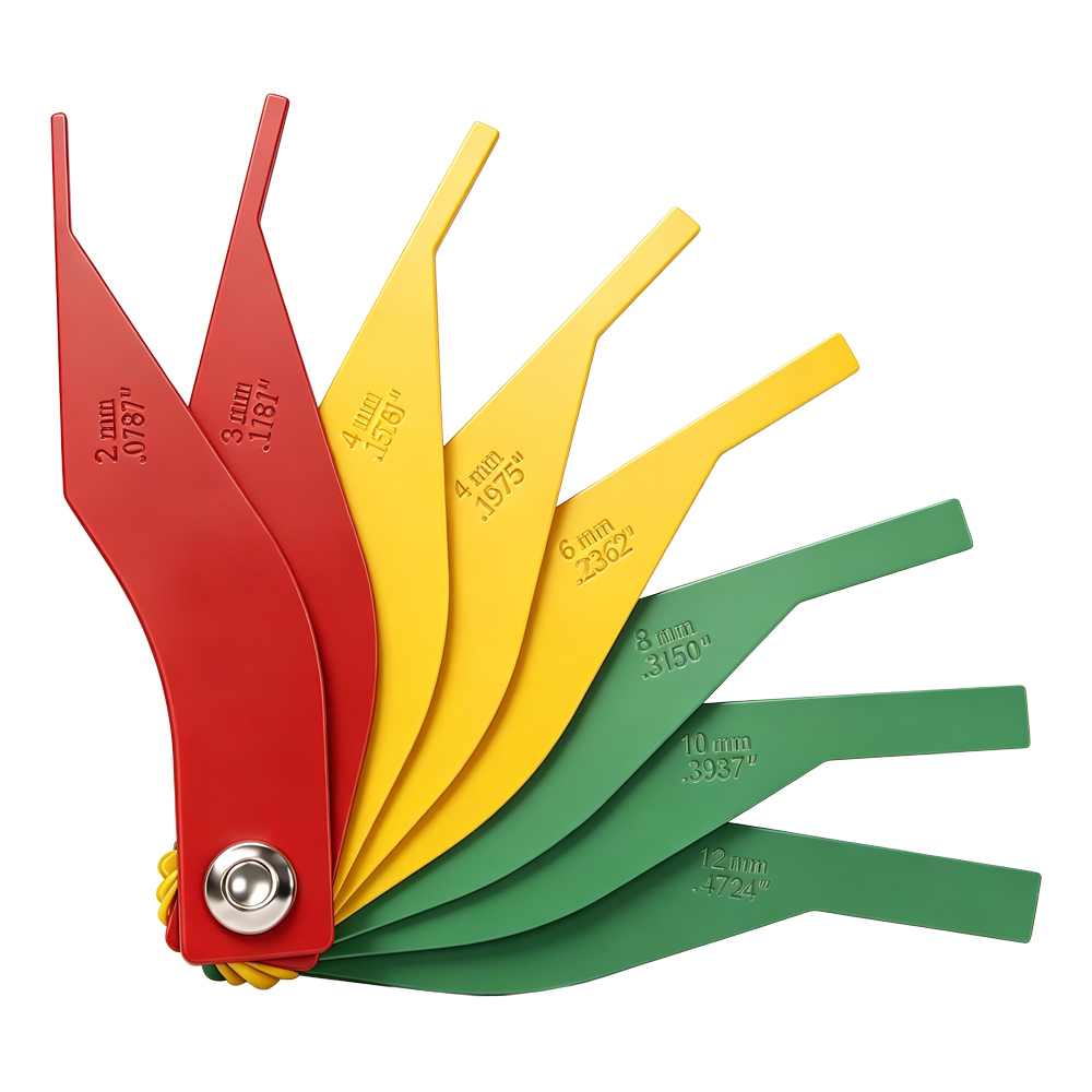Farbcodiertes Bremsbelag-Dickenmessset 1 VT01970 8-teiliges Set zur Messung der Bremsbelagstärke mit farbcodierten Messklingen von 2 mm bis 12 mm zur Überprüfung der Reststärke von Bremsbelägen.
