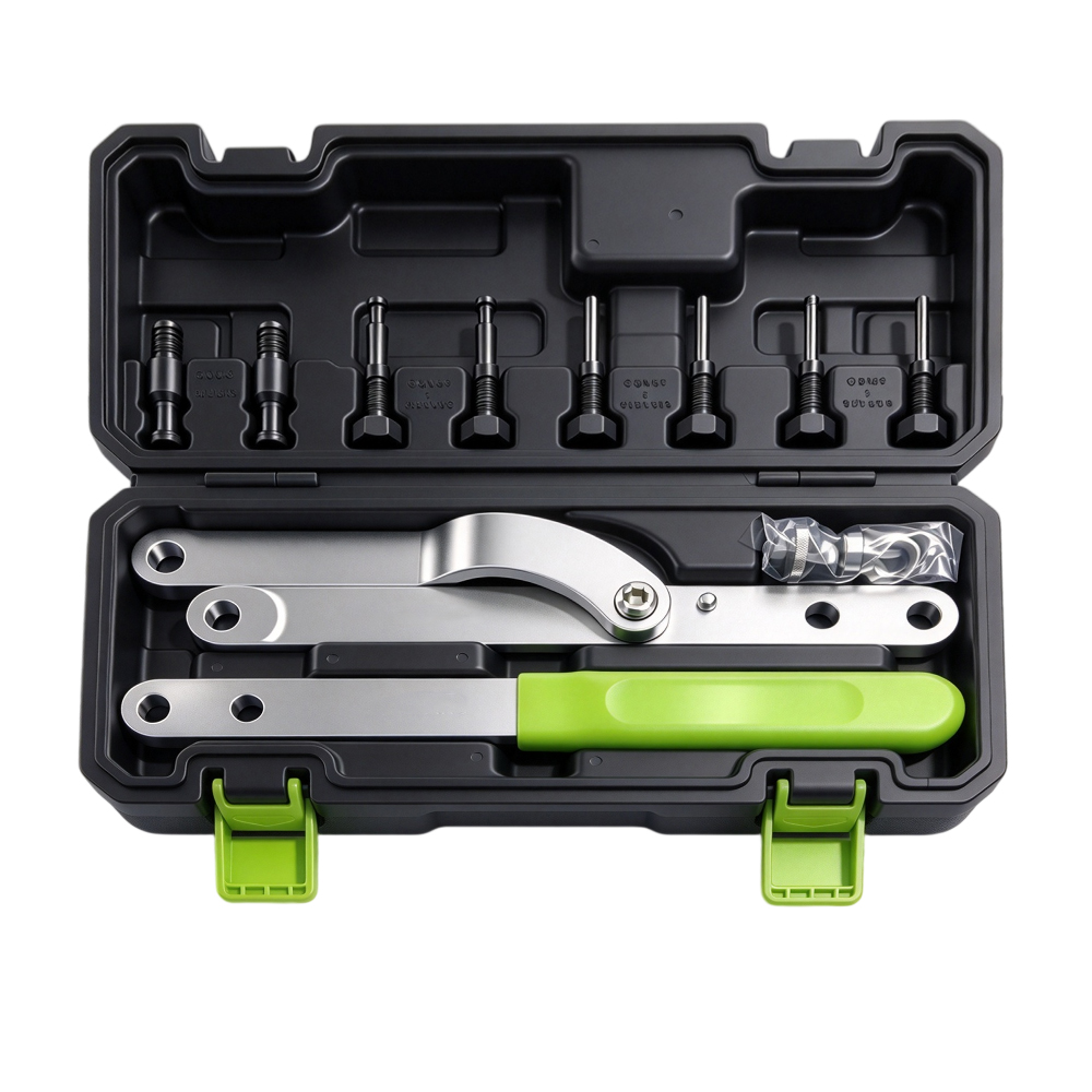 Universal Camshaft Pulley Holding Wrench Set 40-220mm 8 VT01993D Universal camshaft pulley holding tool set with adjustable holding arms and interchangeable pins for pulley and sprocket service.