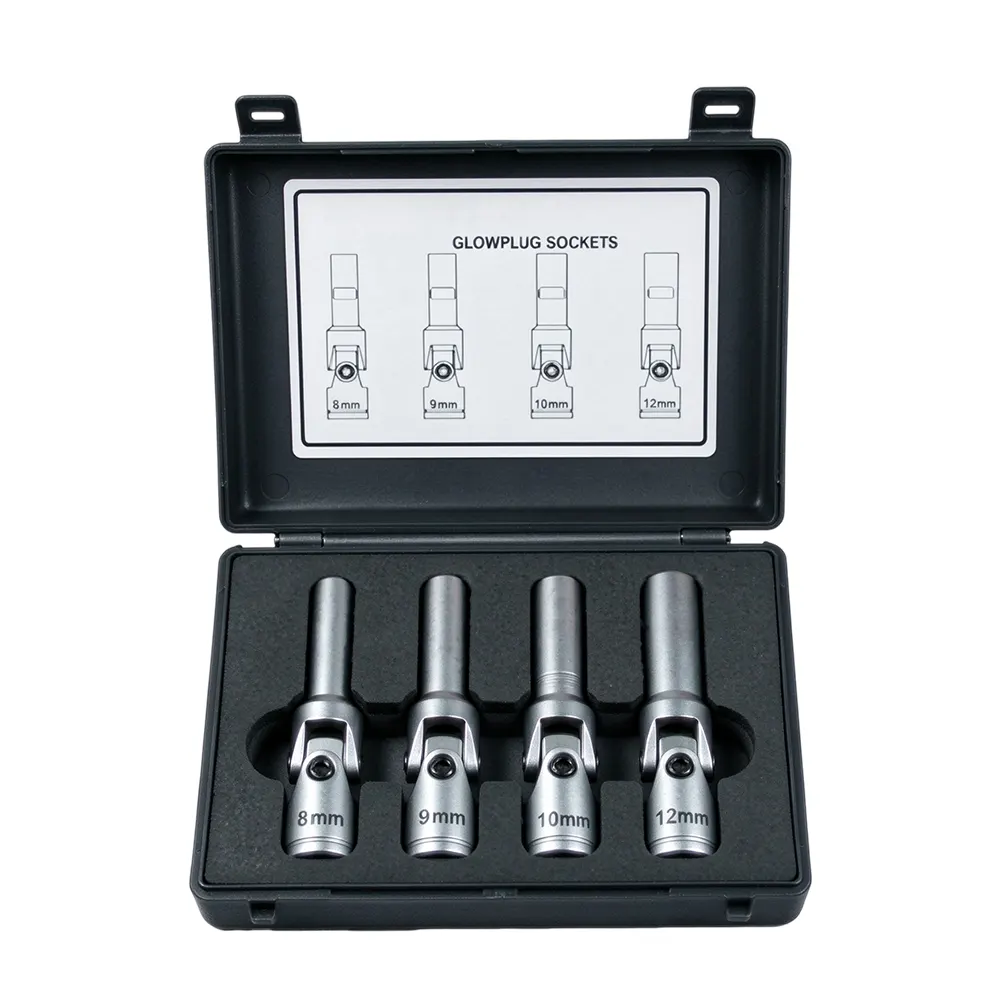 Conjunto de 4 chaves de soquete universais para velas de incandescência com encaixe de 3/8 de polegada, n.º 2 Conjunto de chaves de soquete VT13160C, 4 peças, para velas de incandescência de motores a diesel de 3/8 de polegada, com soquetes flexíveis de 8 mm, 9 mm, 10 mm e 12 mm.
