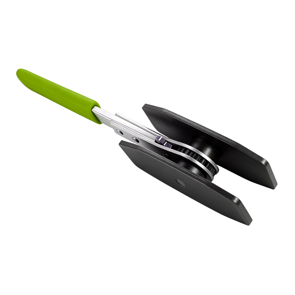 VT13409 Ratcheting brake caliper piston spreader with parallel pressure plates and ratchet mechanism for retracting brake pistons during pad replacement.
