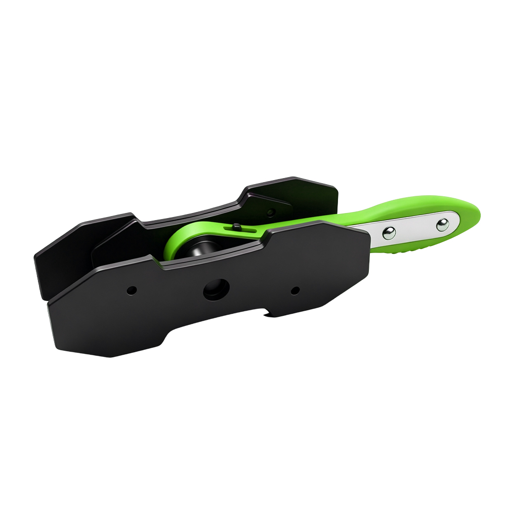 VT13409B Ratcheting brake caliper piston spreader with ergonomic green handle and parallel spreading plates for brake pad replacement.