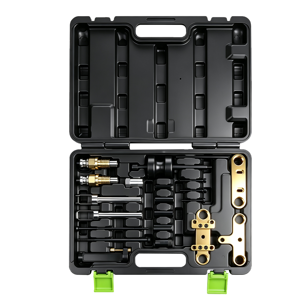 VT13926 Diesel injector removal tool kit with extraction adapters, support brackets and threaded components for servicing compatible fuel injectors.