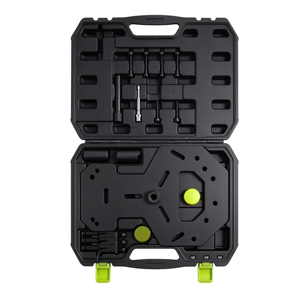 VT14103 : Kit d'outils universel pour le démontage des équilibreurs harmoniques, comprenant une plaque de traction à fentes, des boulons de poussée et des adaptateurs pour le démontage de la poulie de vilebrequin.