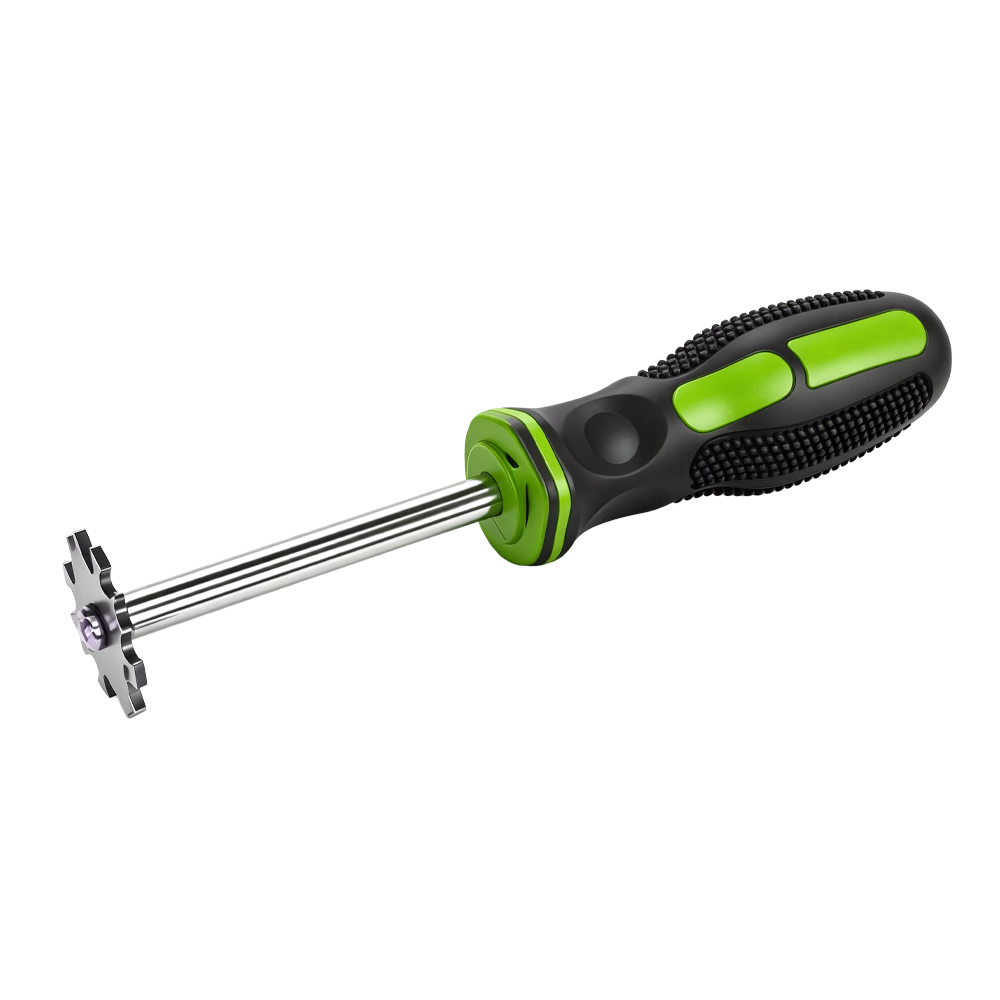 Herramienta de limpieza para la corrosión de los conductos de freno y combustible 2 VT14210: Herramienta de ajuste de pistones de pinza de freno con mango ergonómico tipo destornillador y cabezal giratorio multiprofilo para el mantenimiento de los pistones de freno compatibles.